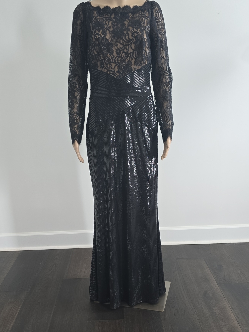 Tadashi Shoji Black Lace & Sequin Long-Sleeve Evening Gown